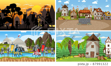 Set of different scene medieval with silhouette Set of different scene medieval with silhouette 87991322