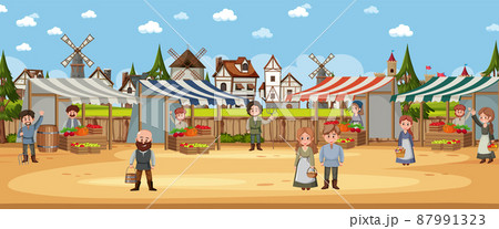 Medieval town scene with villagers at the market 87991323