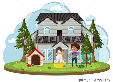 Happy boy washing his dog in front of house cartoon 87991375