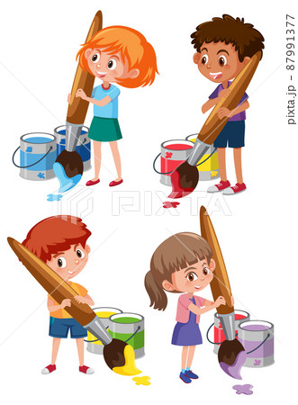 Many children holding colour brushes cartoon character Many children holding colour brushes cartoon character 87991377