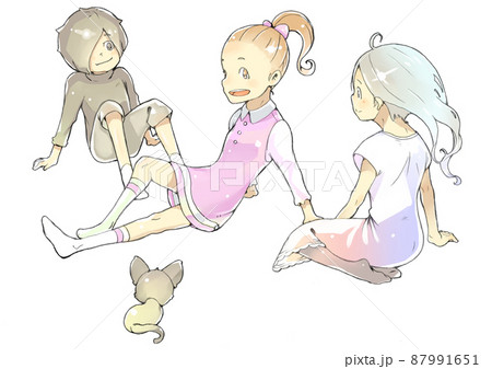 くつろいでいる女子小学生三人組とネコのイラスト素材