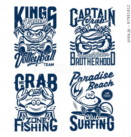 Surfing and fishing club, beach volleyball team t-shirt print with crab mascot. Angry and happy crabs character clenching teeth, smiling and clicking claws engraved vector. Coast leisure apparel print Surfing and fishing club, beach volleyball team t-shirt print with crab mascot. Angry and happy crabs character clenching teeth, smiling and clicking claws engraved vector. Coast leisure apparel print 87991812