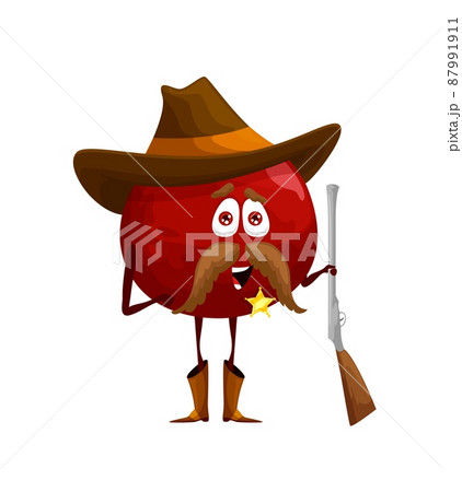 Cartoon pomegranate ranger or sheriff character, kids fruit personage. Funny vector pomegranate fruit with mustaches in sheriff hat with Western ranger rifle gun or shotgun and golden star badge Cartoon pomegranate ranger or sheriff character, kids fruit personage. Funny vector pomegranate fruit with mustaches in sheriff hat with Western ranger rifle gun or shotgun and golden star badge 87991911