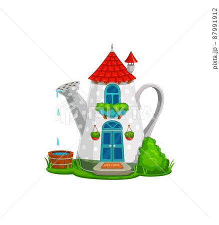 Cartoon fairytale watering can house building or dwelling of elf and gnome, vector village hut. Fairy tale pixie and magic elves house of watering can with garden, chimney and windows 87991912