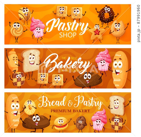 Cartoon bakery, pastry cakes and cookies characters, vector bread food banners. Funny sweets and pastry croissants, chocolate donut and wheat or rye bagel bread with toast, baguette and cupcake Cartoon bakery, pastry cakes and cookies characters, vector bread food banners. Funny sweets and pastry croissants, chocolate donut and wheat or rye bagel bread with toast, baguette and cupcake 87991960