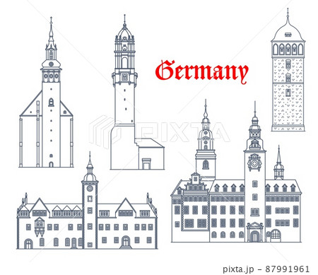 Germany buildings architecture of Freiburg, Schneeberg, Chemnitz and Bautzen, vector travel landmarks. German buildings of St Wolfgang Kirche church, town hall Rathaus and Reichenturm tower Germany buildings architecture of Freiburg, Schneeberg, Chemnitz and Bautzen, vector travel landmarks. German buildings of St Wolfgang Kirche church, town hall Rathaus and Reichenturm tower 87991961