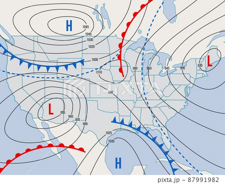 Forecast weather isobar map of USA states, meteorology wind fronts and temperature diagram, vector background. US America weather forecast isobar map with pressure, cold and warm wind direction chart 87991982