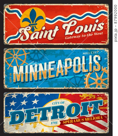 Detroit, Minneapolis and Saint Louis american cities plates and travel stickers. USA city grunge tin sign, vector vintage souvenir card or banner with shabby sides, american flag and retro typography Detroit, Minneapolis and Saint Louis american cities plates and travel stickers. USA city grunge tin sign, vector vintage souvenir card or banner with shabby sides, american flag and retro typography 87992000