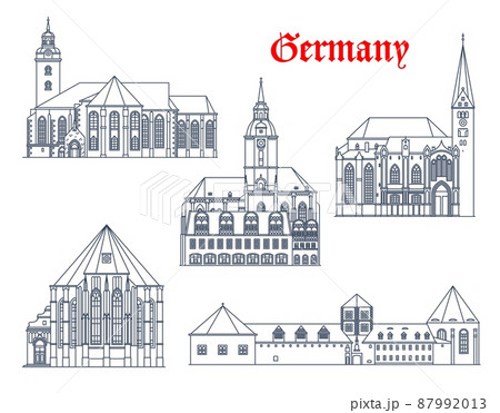 Germany buildings of Augsburg, Torgau, Mortizburg and Naumburg, vector architecture. German landmark buildings of St Mary Church Marienkirche, Augsburger Dom cathedral and Saint Wenzel Stadtkirche Germany buildings of Augsburg, Torgau, Mortizburg and Naumburg, vector architecture. German landmark buildings of St Mary Church Marienkirche, Augsburger Dom cathedral and Saint Wenzel Stadtkirche 87992013