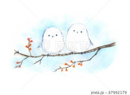 ウメモドキにとまる2羽のシマエナガ　水彩イラスト 87992179