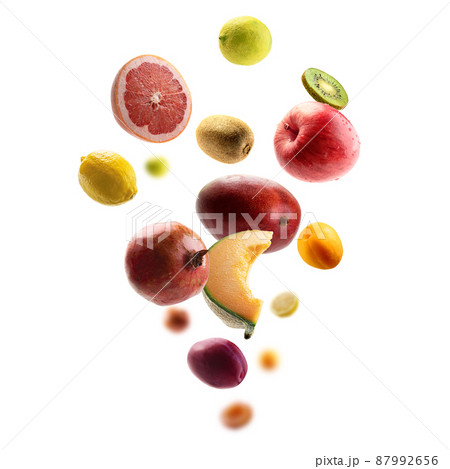 Fresh fruits levitate on a white background 87992656