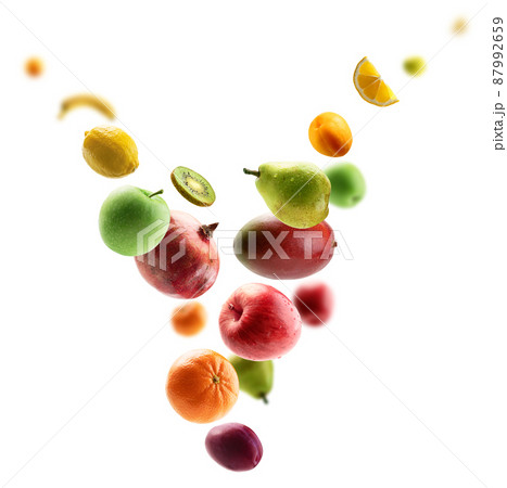Fresh fruits levitate on a white background 87992659