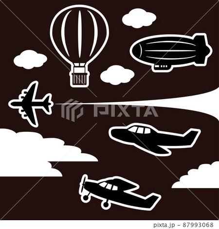 アイコン のりもの シルエット 飛行機 気球 飛行船 雲 影絵 切り絵 飾り 白フチ イラストセットのイラスト素材