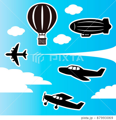 アイコン のりもの シルエット 飛行機 気球 飛行船 雲 影絵 切り絵