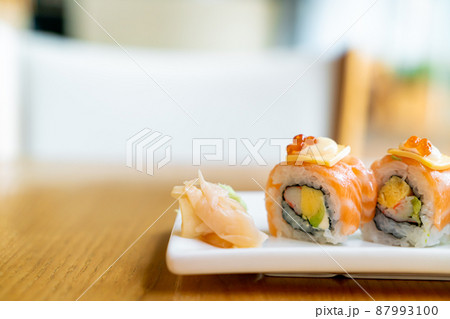 salmon roll sushi with cheese on top salmon roll sushi with cheese on top 87993100