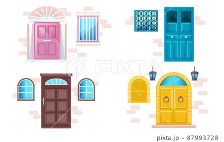 House facades with different doors and windows 87993728