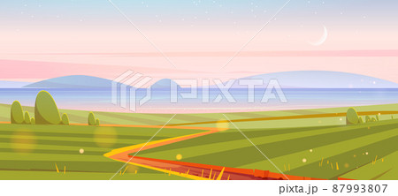 River, green fields, hills and moon in sky 87993807