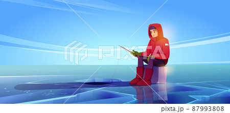 Man on ice fishing on frozen lake in winter Man on ice fishing on frozen lake in winter 87993808