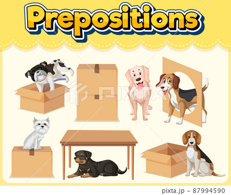 Prepostion wordcard design with dog and boxes 87994590