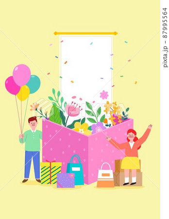 spring shopping event concept template vector illustration of a couple sitting with flowers and balloons from the gift box 87995564