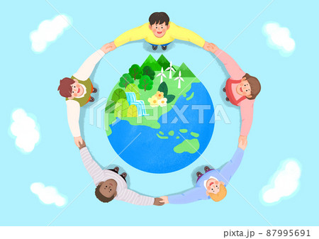 Earth Day concept, children holding hands around the earth 87995691