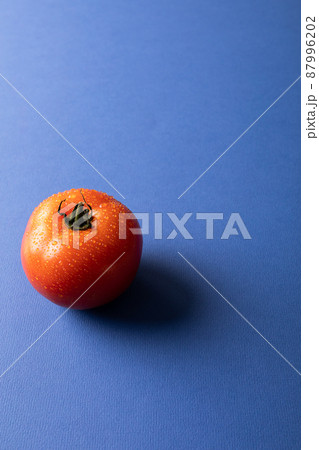 Close-up of fresh single red tomato with water drops by copy space over blue background 87996202