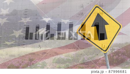 Image of financial data processing and road sign over flag of usa and landscape 87996681
