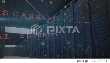 Image of cyber attack warning with letters and numbers over server room 87996821
