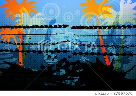 Barbed wire over silhouette of palm trees against blue background Barbed wire over silhouette of palm trees against blue background 87997076