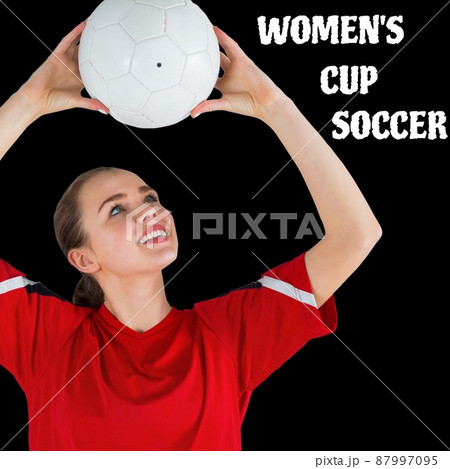 Womens world cup soccer text banner against caucasian female soccer player throwing a soccer ball 87997095