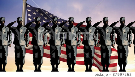 Digitally generated image of military soldiers saluting side by side against america flag 87997262