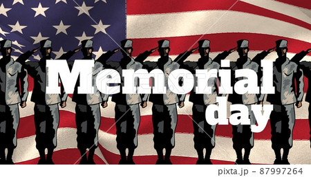 Digitally generated image of memorial day text over army soldiers saluting against america flag 87997264