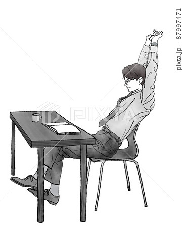 本（資料）を前に、伸びをしながらストレッチをする男性の水彩手描き