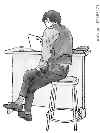 ラフな姿勢で新聞 雑誌 書類等 を読んでいる 後ろ姿の男性の手描きイラスト モノクロ のイラスト素材