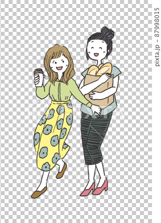 パンとコーヒーを持った笑顔の女性二人 87998015