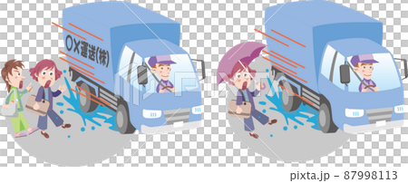 交通安全＜雨の日の水たまりと歩行者・トラックドライバー＞ 87998113