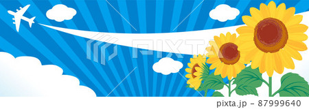 バナー　フレーム　夏　青空　飛行機　ひまわり　雲　虹　コピースペース　背景　イラスト素材 87999640