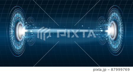 Teleport futuristic portal circle science, sky-fi digital, tunnel with light rays and glows, podium, projector. HUD menu user interface. Vector illustration, black blue background 87999769