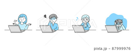 イラスト素材:ノートパソコンとネガティブな表情と動作の男女セット（主線あり/線画/横位置） 87999976