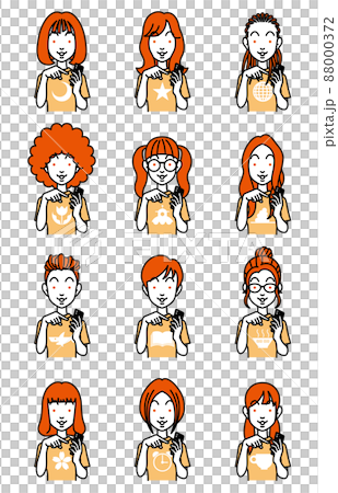 スマートフォンを指さす、いろいろな髪型の女性のバストアップ 88000372