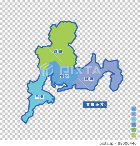 日本の地域図 日本地図 東海地方 雨の日カラーで色分けしてみたのイラスト素材