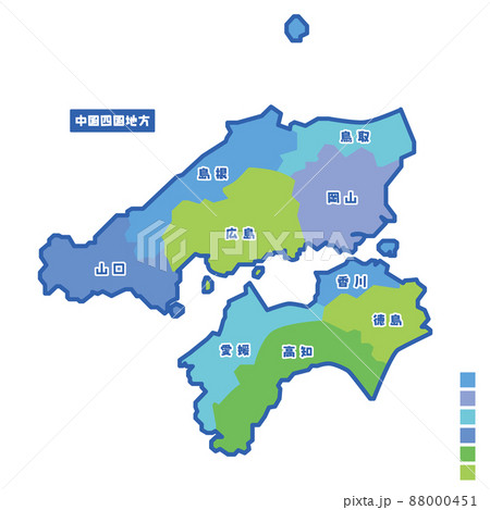 日本の地域図 日本地図 中国四国地方 雨の日カラーで色分けしてみたのイラスト素材
