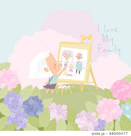 Cartoon Little Girl painting Portrait of Family on Flower Meadow 88000477