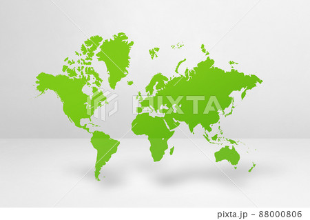 Green world map on white wall background. 3D illustration 88000806