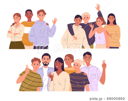 Groups of happy young people hugging, waving their arms in greeting 88000860