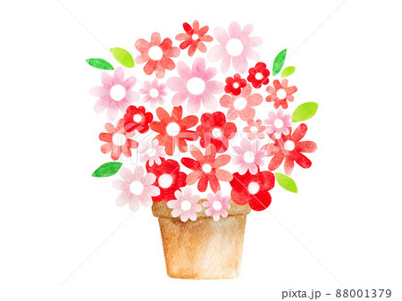 赤とピンク系の花鉢　水彩画 88001379