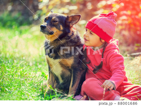 Happy little girl playing with dog in the forest Happy little girl playing with dog in the forest 88001686
