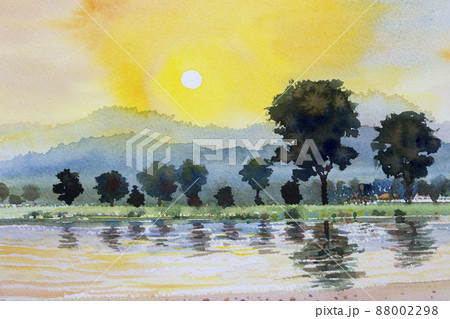 Watercolor painting of mountain with river farm. Watercolor painting of mountain with river farm. 88002298