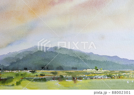 Watercolor landscape painting of mountain farm. Watercolor landscape painting of mountain farm. 88002301