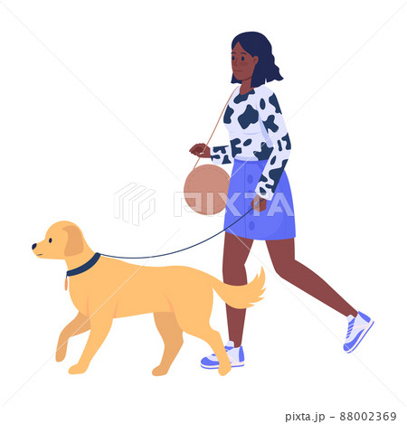 Stylish woman walking dog on street semi flat... - Stock Illustration  [88002369] - PIXTA